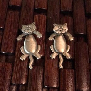Vintage Silver Pewter JJ Jonette 3D Cat Earrings